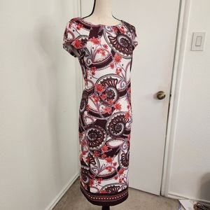 Midi Dress. Sz: 4. Bodycon.  Maroon/ White Paisley. Brand: eci